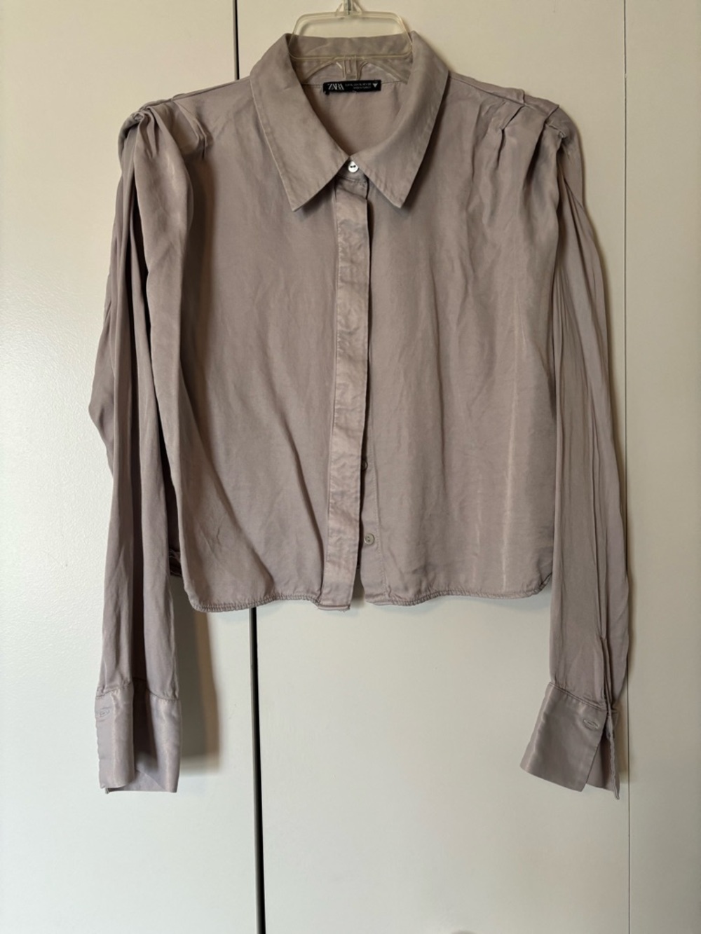 Zara Pale Taupe Collared Cropped Shirt
